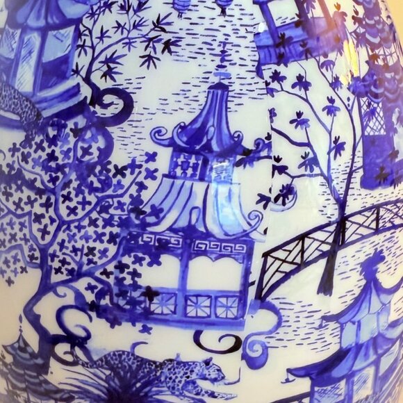 Asian Pagoda Toile Porcelain Egg Blue White Oriental Landscape Hanging Loop Deco - Picture 6 of 11